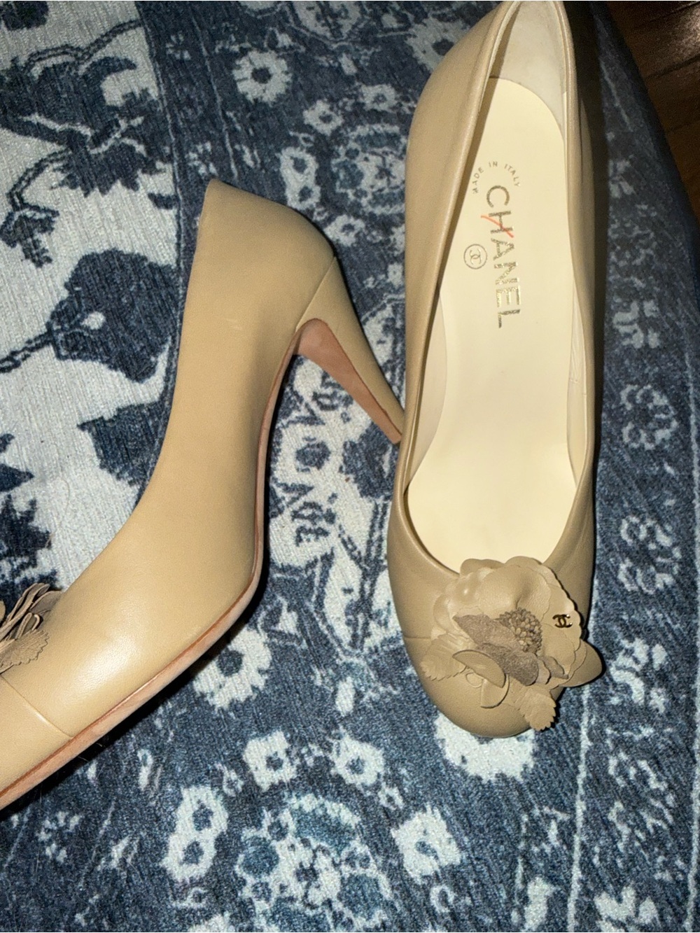 CHANEL Nude Beige Camellia Leather Pumps